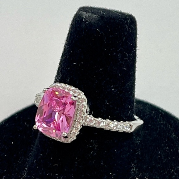 PLATINUM PLATED SS 925 2CT ROUND CUT PINK SAPPHIRE W/CZ DIAMONDS RING - Picture 3 of 6